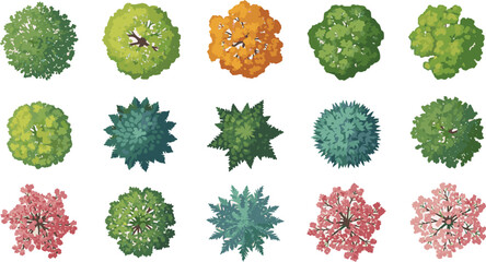 Create a kinds of deferent Vector tree top watercolor hand drawn view for landscape plan and architecture layout drawing, elements for environment and garden vector art color with white background. © al