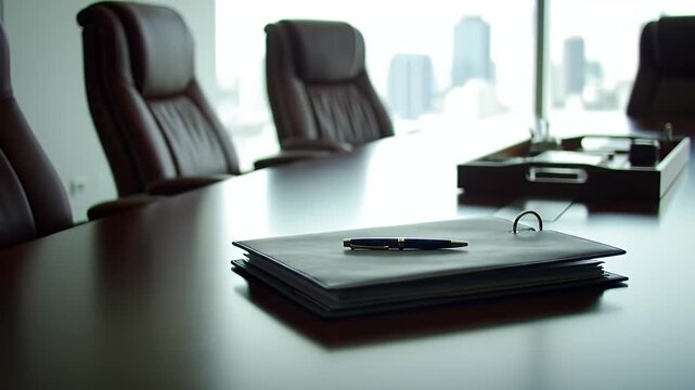 Documents and Pen on Polished Table In Meeting Room With Executive Chairs and Bright Skyline Background