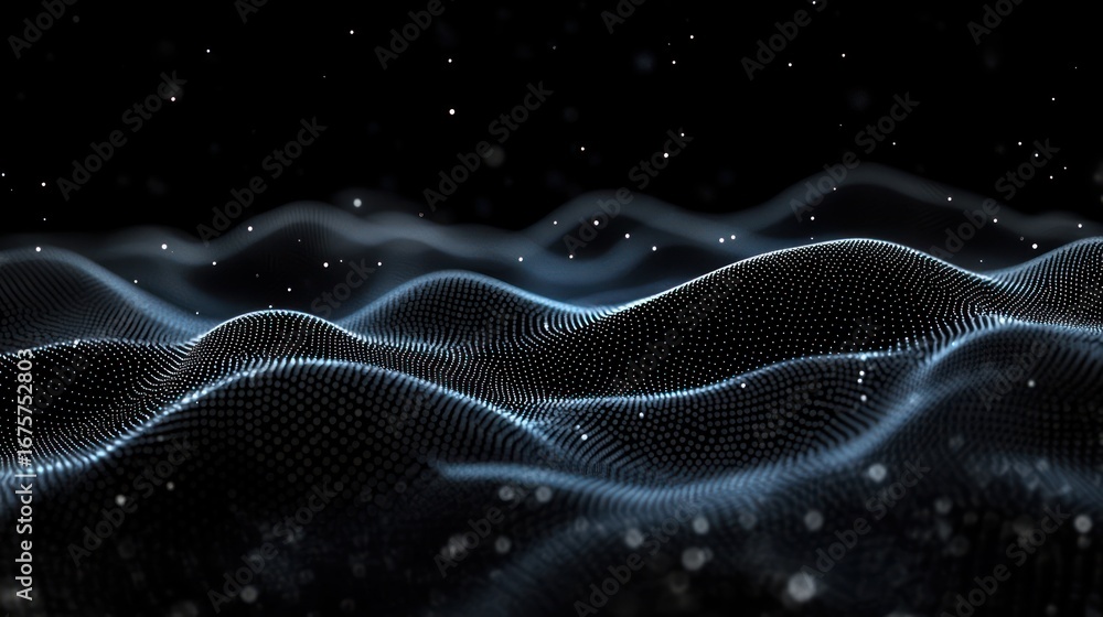 Poster abstract digital wave consisting of illuminated small dots forming smooth flowing curves against a b