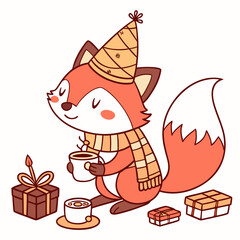 Shy expression on a Red Fox in a Christmas theme, with wearing a party hat – Warm Cozy vector art
