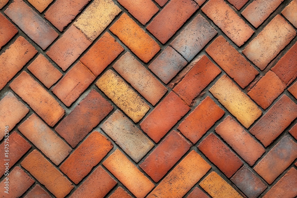 Poster close-up of a weathered brick pavement arranged in a herringbone pattern with various shades of red,