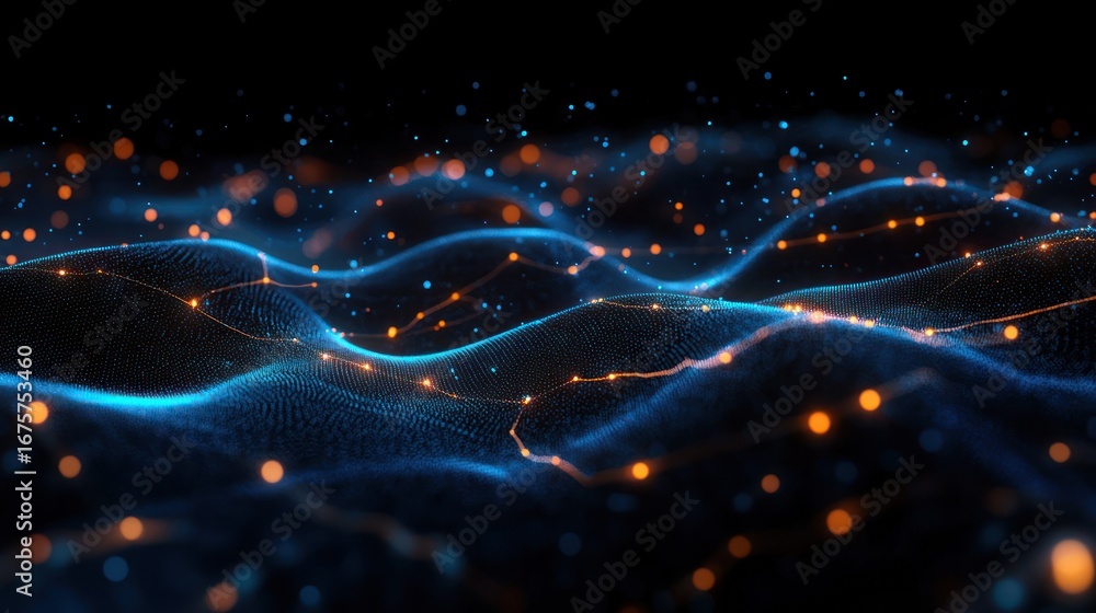 Poster abstract digital wave landscape with glowing blue grid and scattered orange light particles creating