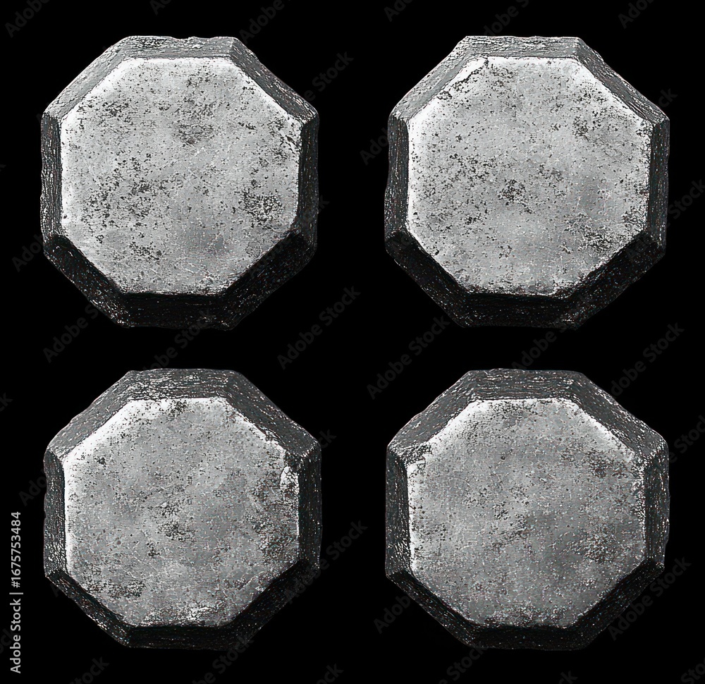 Poster four weathered metallic octagonal nuts or bolts with rough surfaces arranged in a grid on a black ba