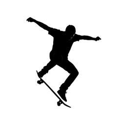 Fototapeta premium Silhouette of a skateboarder performing a trick, isolated on white, representing urban sports and youthful energy.
