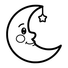 Crescent moon with a cute face and a star in vector.