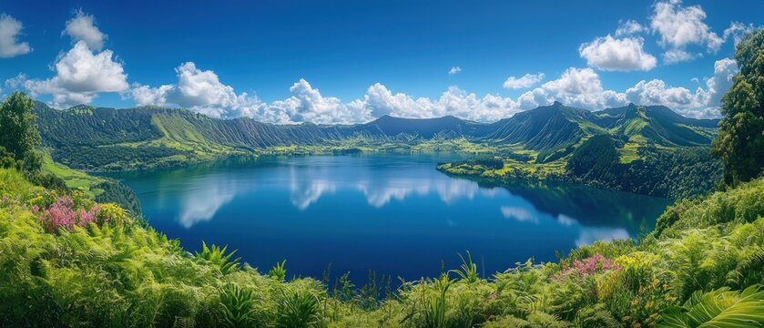 Vivid panoramic view of a serene blue lake surrounded by lush green hills and mountains under a bright sky with fluffy white clouds, framed by vibrant green plants and pink flowers