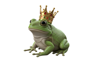 Regal Green Frog: Majestic Amphibian with Golden Crown - Perfect for Fairytale, Royalty, and Nature Designs on white background