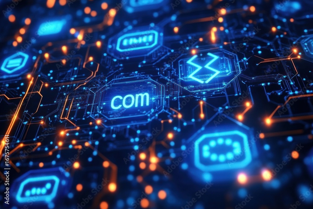 Poster close-up view of a futuristic digital circuit board with glowing blue hexagonal icons and orange lig