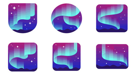 Set of stylized aurora borealis designs in various shapes vibrant colors night sky stars.