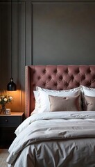 Luxurious upholstered headboard in a modern bedroom, featuring a plush velvet texture and sophisticated button tufting Perfect for interior design inspiration , fabric, space