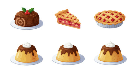 Set of various dessert illustrations cake pie and pudding.