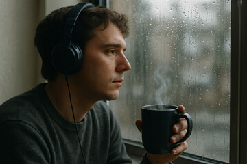 Man with headphones holding a steaming mug by a rain-covered window, deep in thought