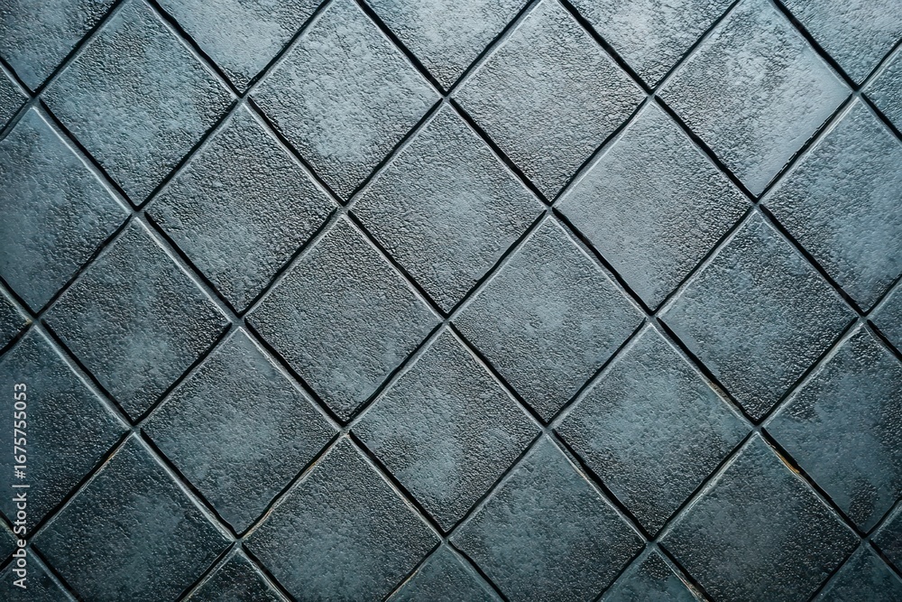 Poster close-up of textured blue square tiles arranged diagonally creating a geometric patterned wall
