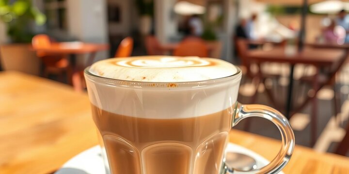 Creamy latte macchiato, close-up, outdoor cafe, sunlit, autumn, whipped cream - Powered by Adobe