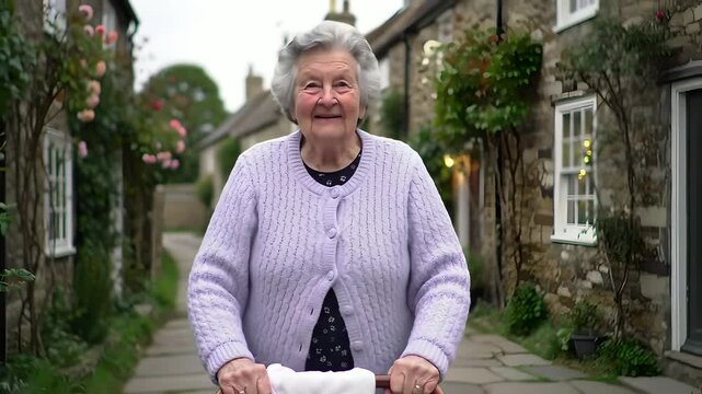 Smiling senior woman strolls with baby in buggy along old stone street, picturesque Cotswold village setting. Family generations, care, active aging, happy retirement concepts. 