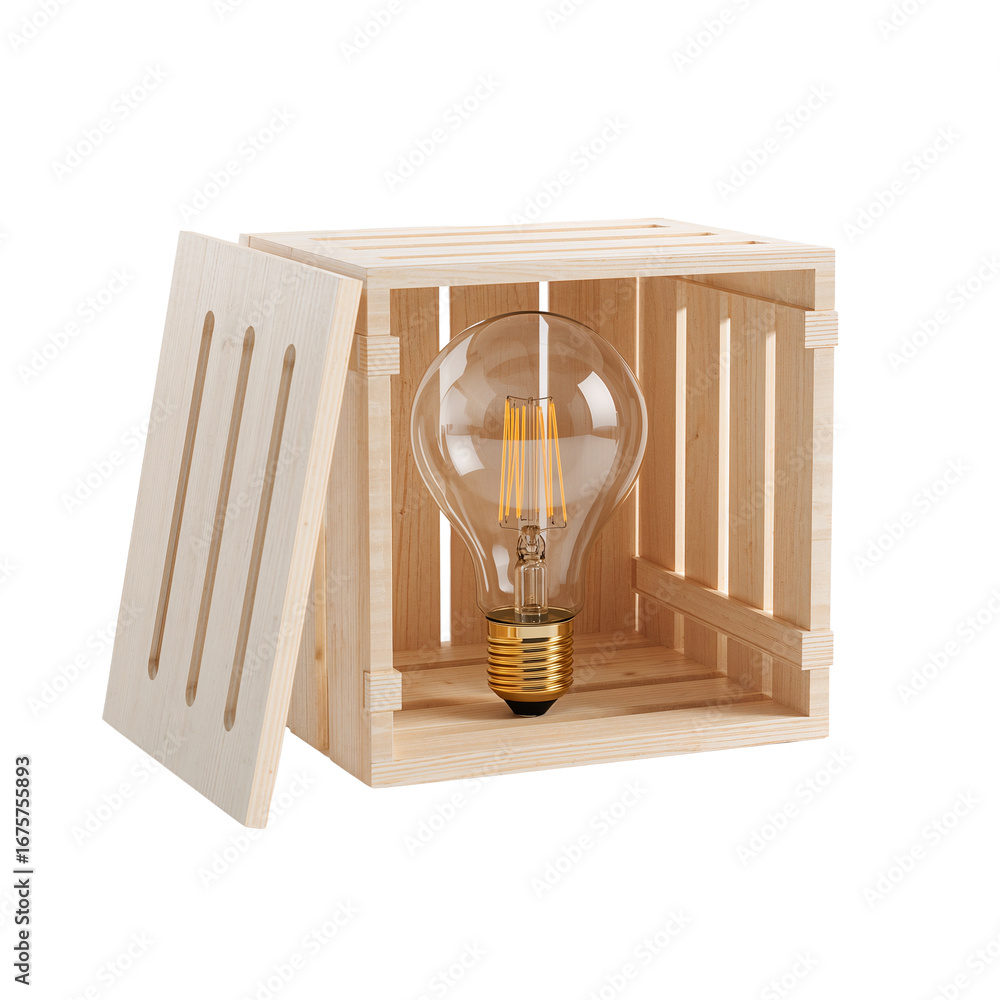 Poster illuminating concept featuring an exposed lightbulb nested within a rustic wooden crate