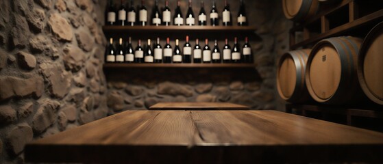 dark winery product display with rustic wooden table | winery product display, tasting room, wine cellar, wine tasting, vintage wine theme