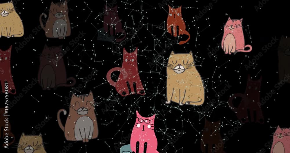 Poster animation of multiple cat icons over network of connections against black background