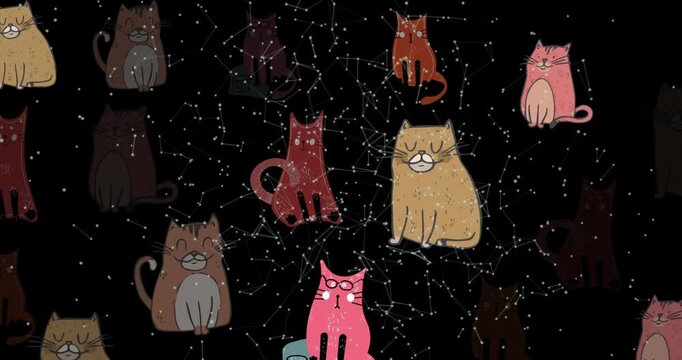 Animation of multiple cat icons over network of connections against black background