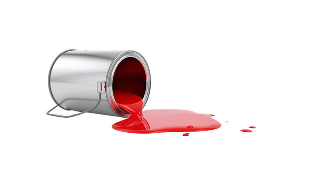 Illustrative rendering showcasing a spilled vibrant red paint can isolated with a transparent