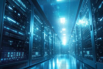 Brightly illuminated hallway of a modern data center with rows of server racks emitting blue light and high-tech atmosphere