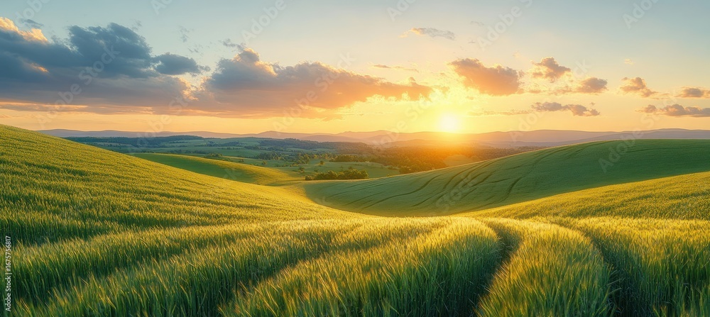 Poster sunset over rolling green fields with tire tracks curving through the lush landscape under a partly 