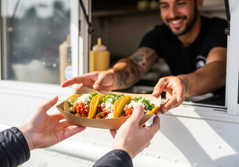 Customer buying fresh tacos from a food truck vendor