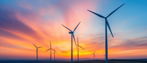 A serene sunset landscape featuring multiple wind turbines against a colorful sky, highlighting renewable energy and nature's beauty.