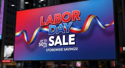 Massive Labor Day sale billboard on a city street at night, featuring a vibrant red and blue color gradient with a festive ribbon