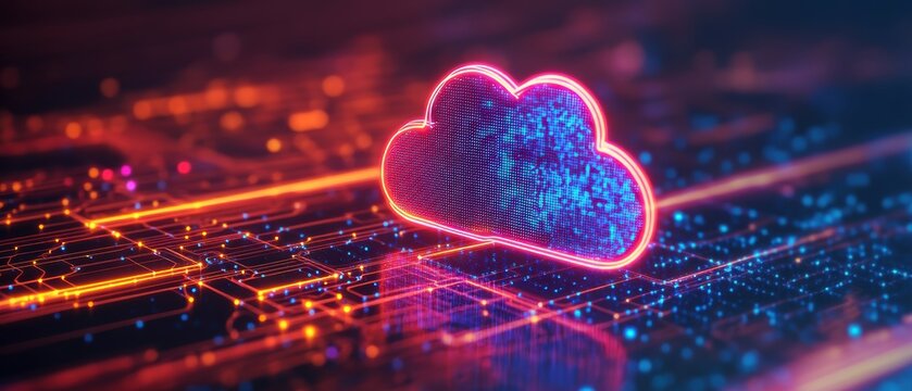 A vibrant digital cloud icon with neon colors, set against a backdrop of circuit-like patterns, representing cloud computing technology.
