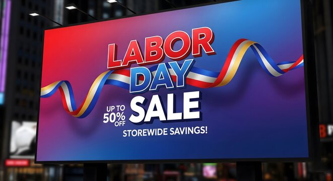 Massive Labor Day sale billboard on a city street at night, featuring a vibrant red and blue color gradient with a festive ribbon - Powered by Adobe