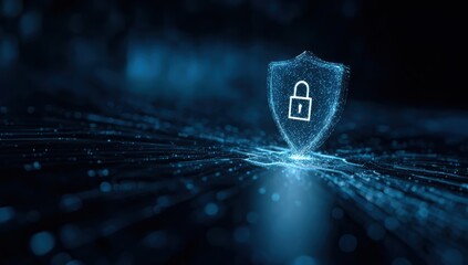A digital shield symbolizing cybersecurity, featuring a lock, set against a glowing blue background with dynamic lines and particles.