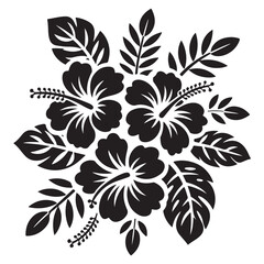 Black and White Hibiscus Flower Vector Illustration with Leaves