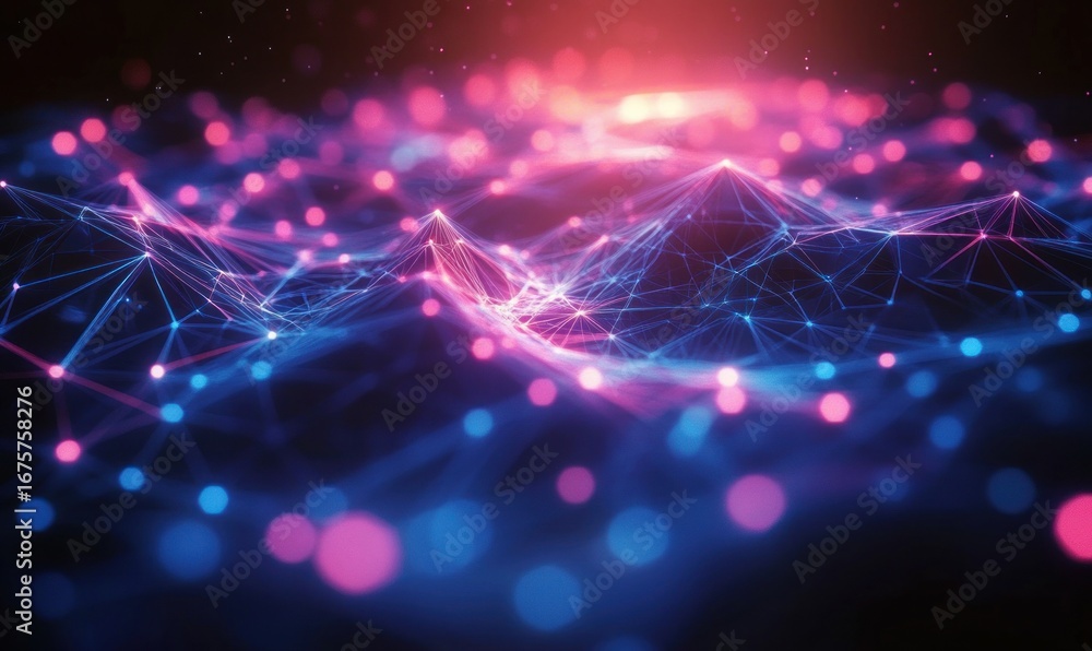 Poster abstract digital landscape composed of glowing interconnected nodes and lines in blue and pink hues 