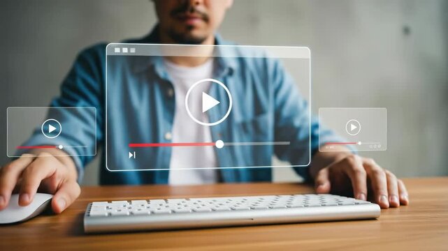 A man keyboard video screen technology digital streaming internet online modern workspace creative editing content media computer interface innovation communication casual focus working office