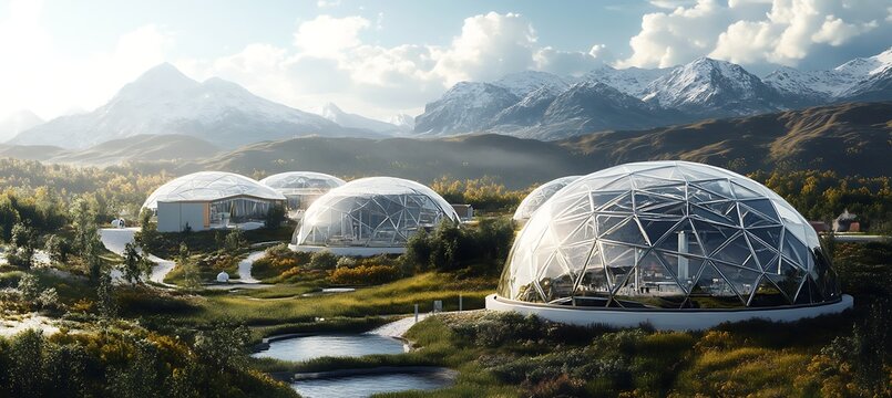 Futuristic geodesic dome homes nestled in a mountain landscape for sustainable living concept design - Powered by Adobe