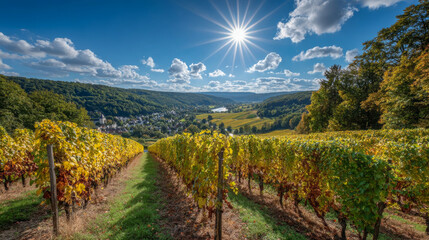 Naklejka premium Lush vineyard landscape with rows of grapevines under a bright sun, showcasing vibrant foliage and a picturesque valley view, creating a serene and tranquil atmosphere