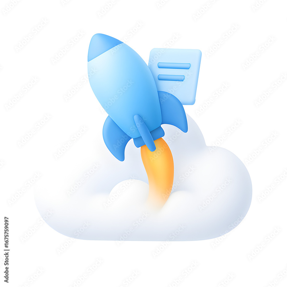 Aufkleber 3d illustration of a blue rocket launching from a cloud with message icon, in png transparent format