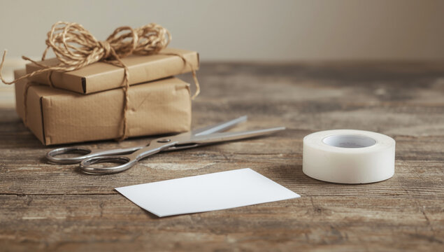Kraft gift boxes with twine, scissors, tape and blank tag on rustic wooden table