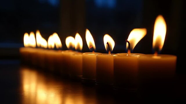 Row of lit candles reflection on dark surface dim background
