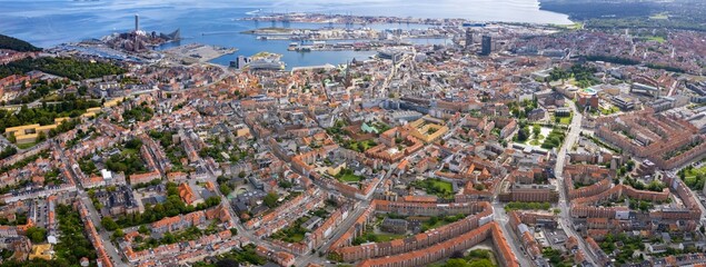 Aerial panorama of the downtown of the city Aarhus in Denmark on a sunny summer day.