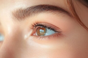 Close-up of a brown eye with long eyelashes and well-groomed eyebrow showing natural skin texture and bright reflection in the eye