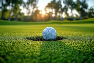 Close-up of a golf ball resting on the edge of a golf hole on a green course with sunlight and trees in the background