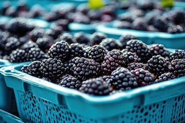 Close-up view of fresh ripe blackberries in blue plastic baskets at a market or farm stand