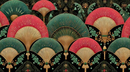 A vibrant, repeating pattern in the Art Deco style, featuring an array of elegant fans in various colors against a dark, intricate, and decorative background.