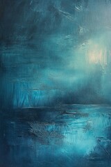 Abstract textured painting dominated by deep blues and turquoise with hints of light gradient creating a serene and mysterious atmosphere