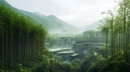 Serene bamboo forest landscape with misty mountains and terraced architecture in nature scene view photography