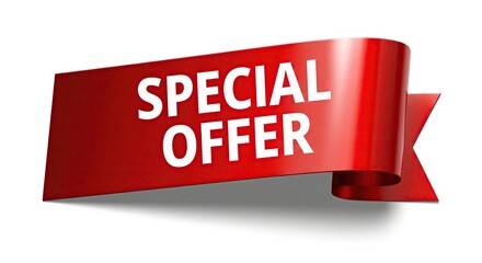 Red ribbon banner announcing a special offer with white text