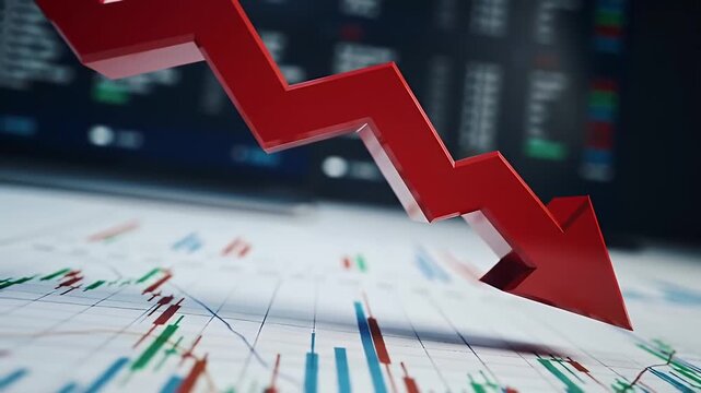 Downward Red Arrow on Financial Charts Signifying Market Decline and Economic Downturn