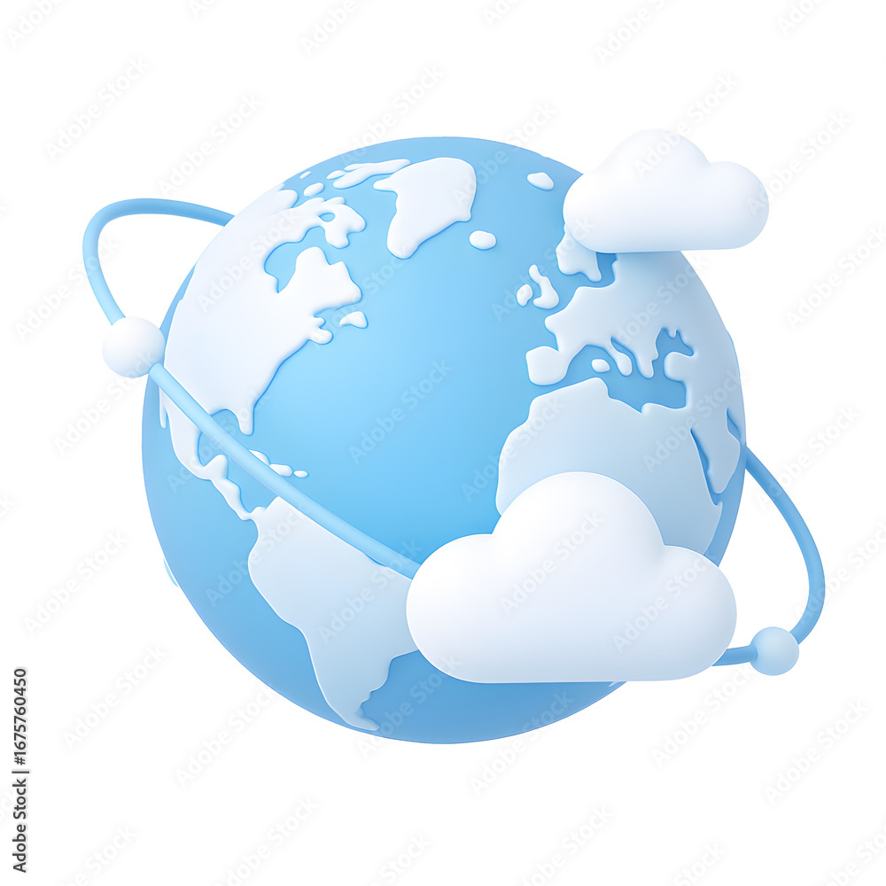 Poster blue 3d globe with surrounding clouds and orbital lines, symbolizing global cloud network, data sync